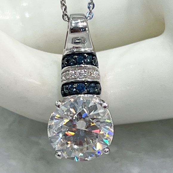 Moissanite and Blue Sapphire Sterling Silver Regal Pendant 20” Necklace